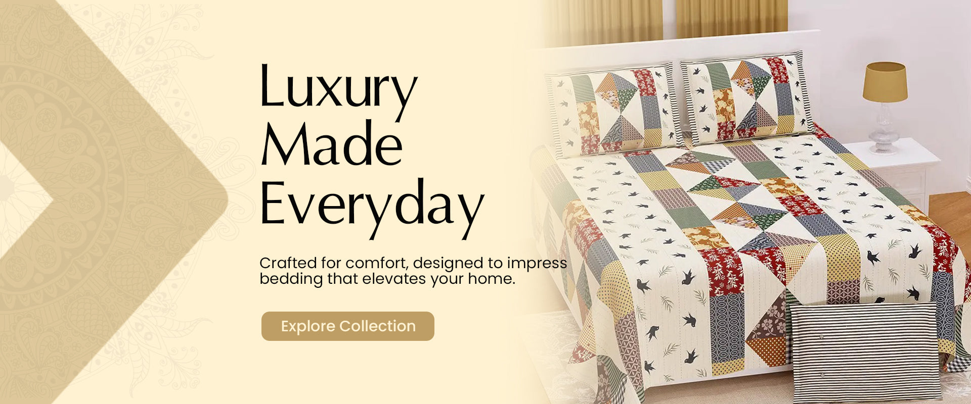 Quilted bedding set with geometric pattern on a bed in a bedroom setting, with 'Luxury Made Everyday' text.