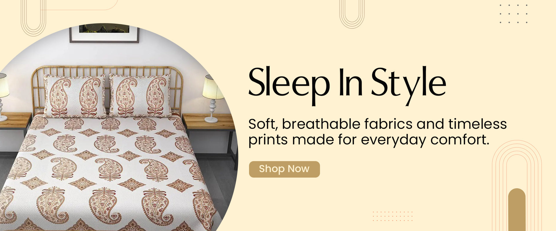 Bedding set with patterned design on a bed, featuring text 'Sleep In Style' and 'Shop Now' button.