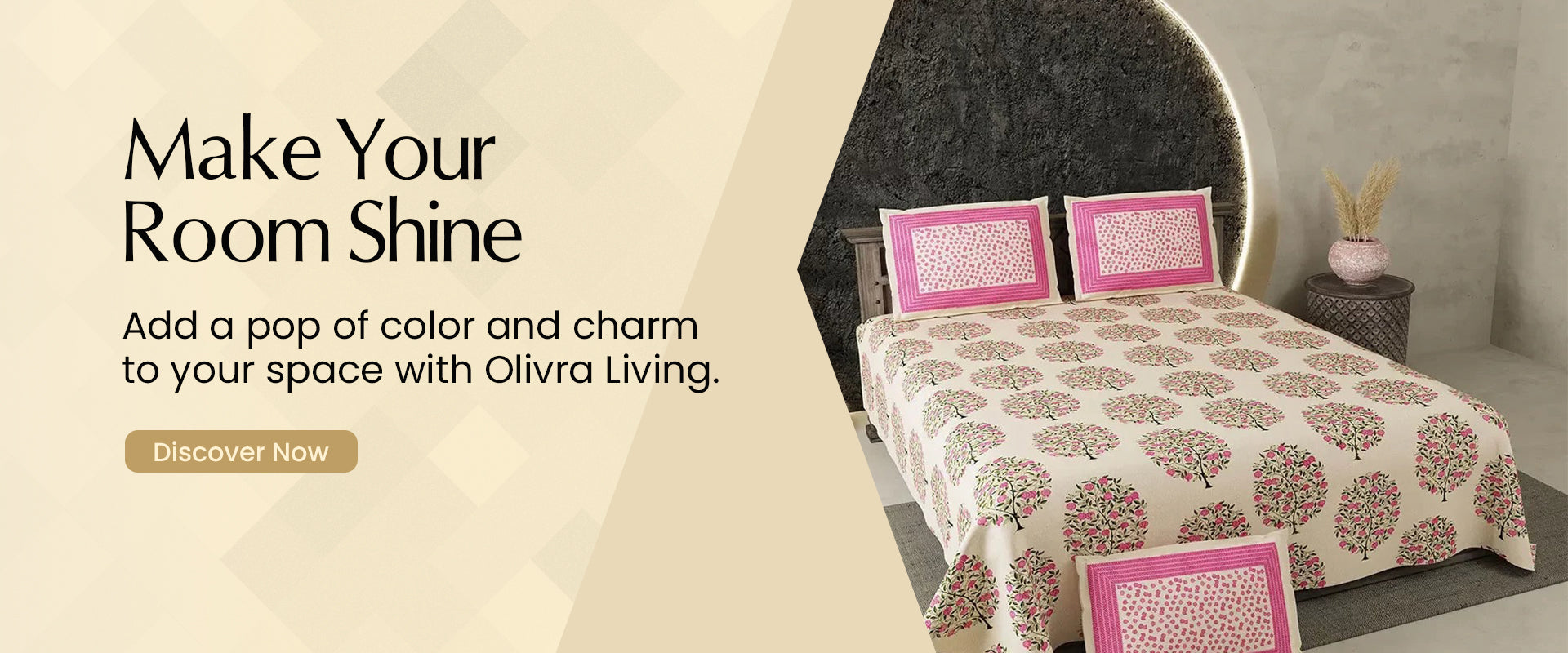 Bedroom with floral bedding and pink pillows, featuring Olivra Living advertisement.
