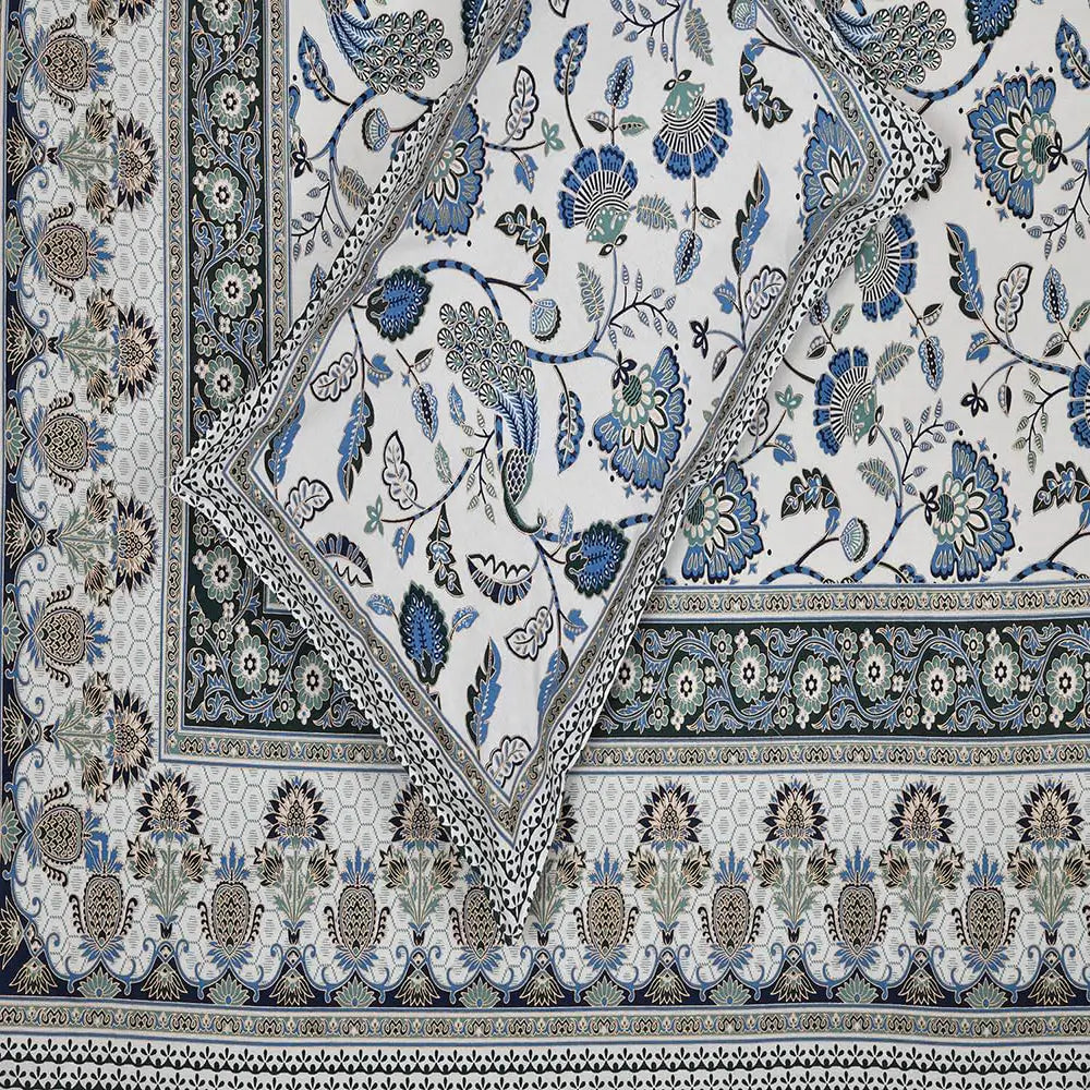 Blue Floral Peacock White Base Jaipuri Gold Print Bedsheet