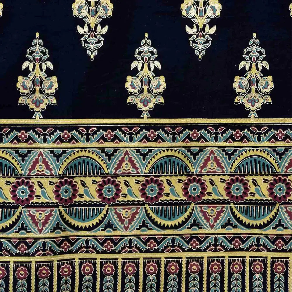 Bedsheet design - Decorative fabric with intricate patterns and jewelry on a black background