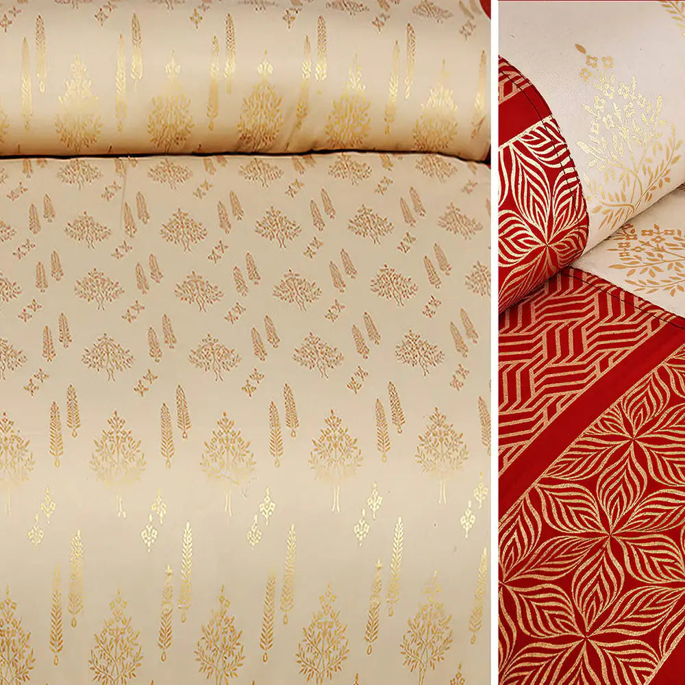 Bedsheet with Two fabric swatches with gold and red patterns on a neutral background