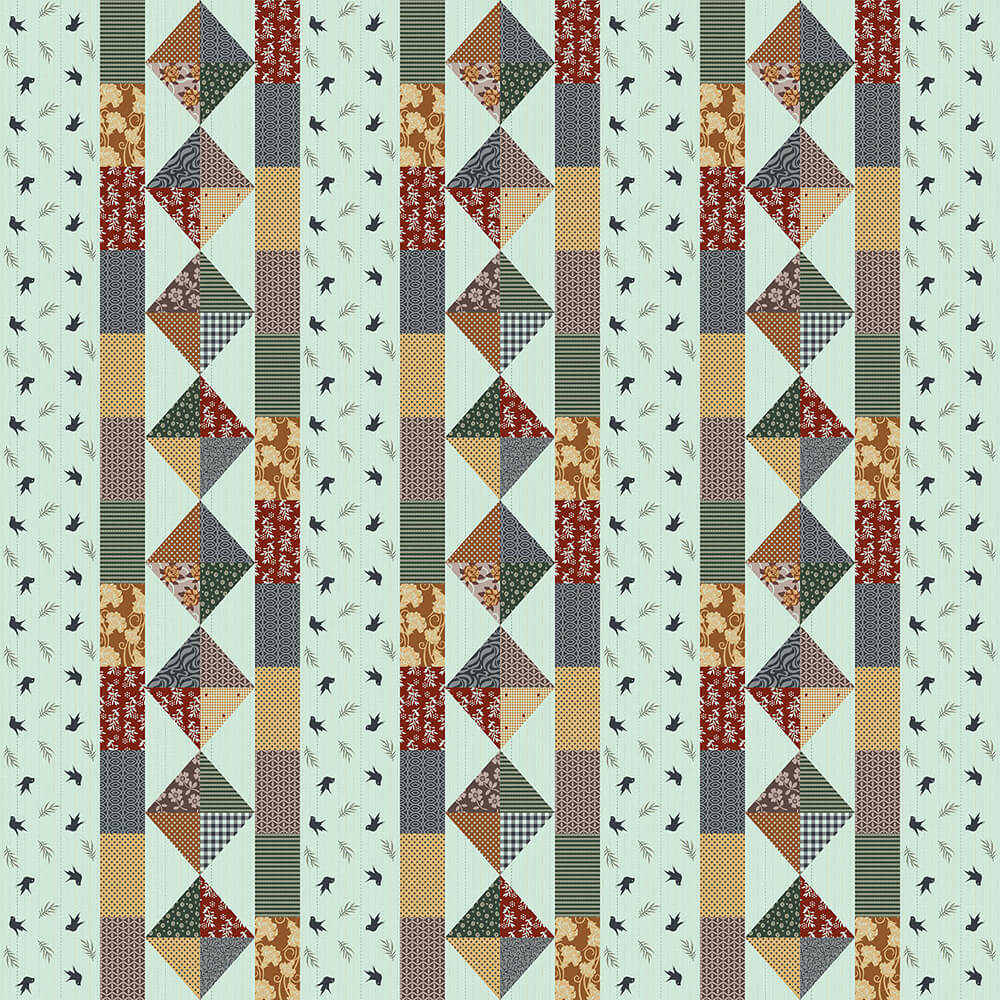 Black Bird Green Base Bird Collection Print Bedsheet Patterned fabric with geometric and floral designs on a light blue background.