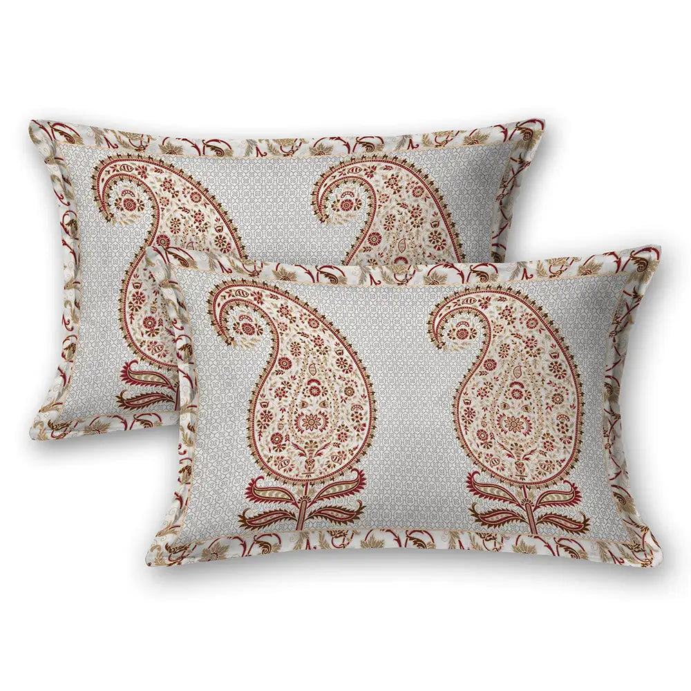 Two decorative pillows with paisley pattern on a white background