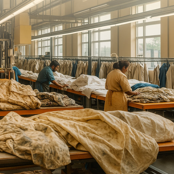 Two people working with fabric in a large warehouse setting