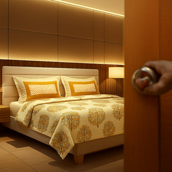 Bedroom with a bed featuring a floral comforter, pillows, and a wooden headboard.