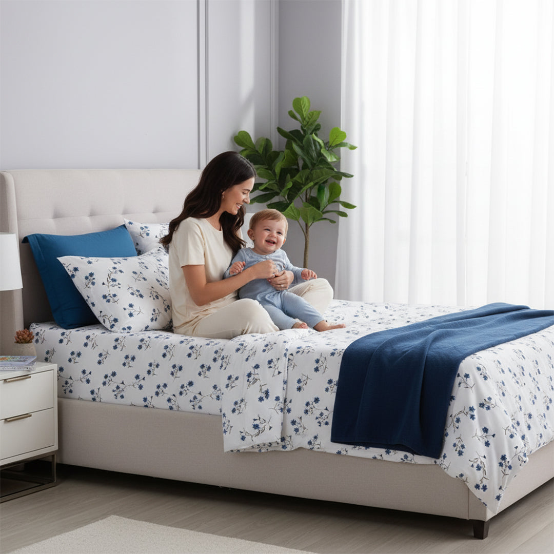 Magenta Blue Flower Polycotton Bedsheet | Double Bed, Queen & King Size
