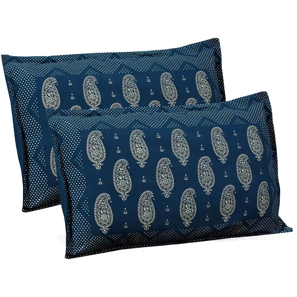 Two blue pillowcases with white paisley pattern on a white background