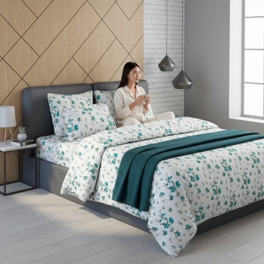 The White Moss Cream & Blue Floral Flat King Bedsheet