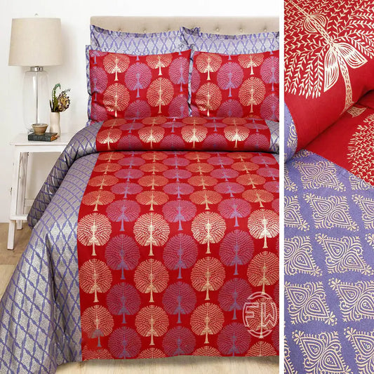 Red and blue patterned bedding set with matching pillows on a bed, next to a close-up of the fabric.