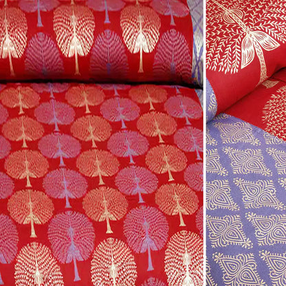 Red fabric bedsheet design with tree pattern and blue fabric with geometric pattern