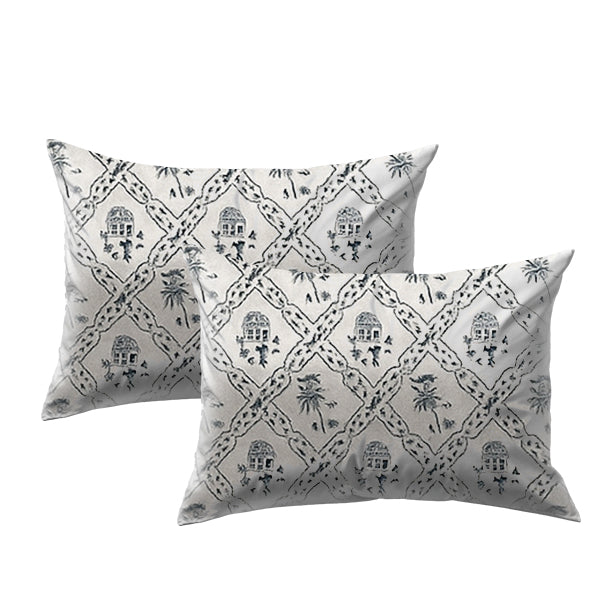 Two decorative pillows with a geometric pattern on a white background