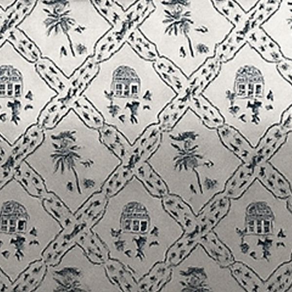 Patterned fabric with geometric design and small house and palm tree motifs on a light background