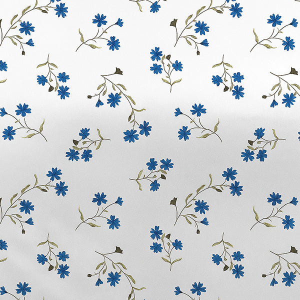 Bedsheet design - Pattern of blue flowers and green leaves on a white background