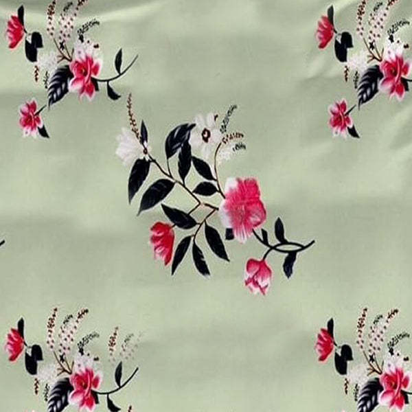 Floral pattern with pink flowers and black leaves on a light green background
