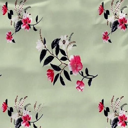 Floral pattern with pink flowers and black leaves on a light green background