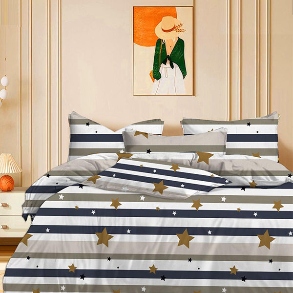 Striped bedding set with star patterns in a bedroom setting
