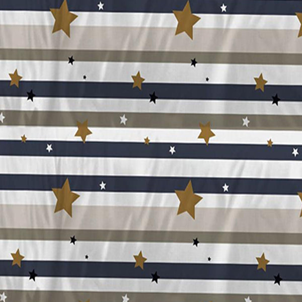 Fabric with horizontal stripes in navy, beige, and white, featuring gold stars.