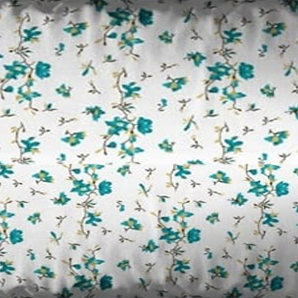 bedsheet design with Floral patterned fabric with blue flowers on a white background