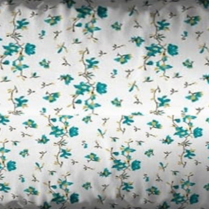bedsheet design with Floral patterned fabric with blue flowers on a white background