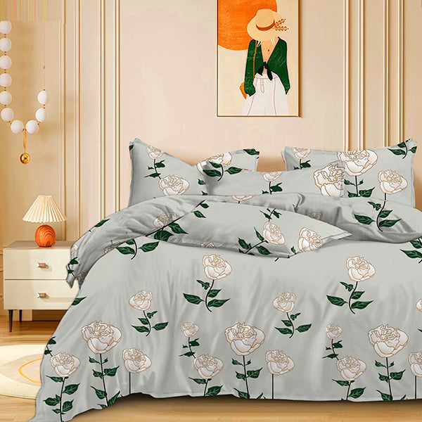 Floral patterned bedding set on a bed in a bedroom setting