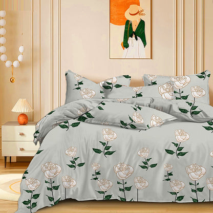 Floral patterned bedding set on a bed in a bedroom setting