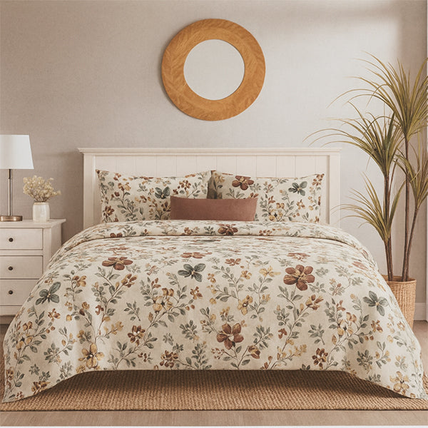 Leaf & flowers print multicolor polycotton double bed bedsheet