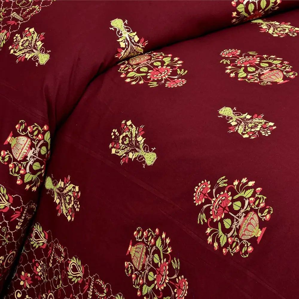 Embroidered fabric with floral patterns on a red background bedsheet