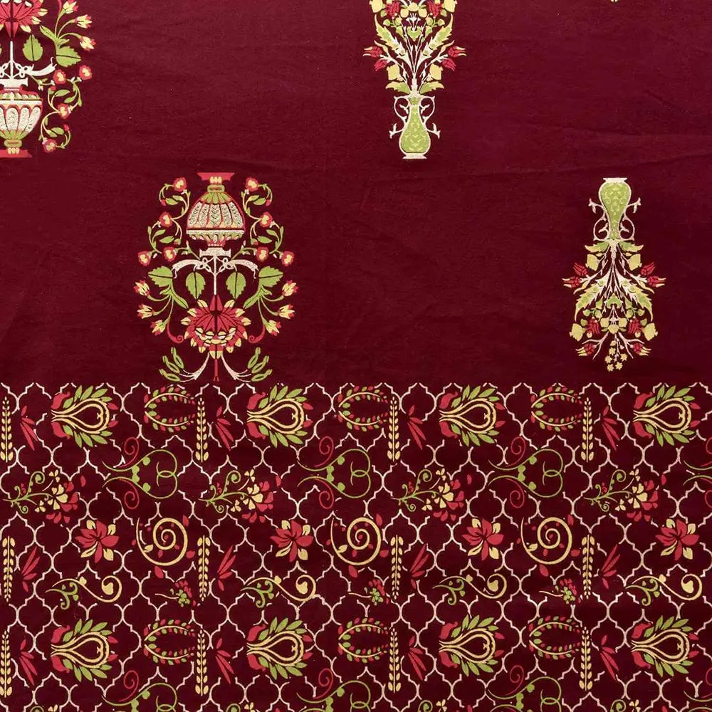 Bedsheet design - Decorative fabric with intricate green and gold patterns on a red background