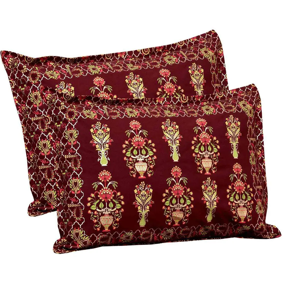 Pair of maroon pillowcases with floral patterns on a white background - Bedding set