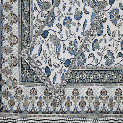 Blue Floral Peacock White Base Jaipuri Gold Print Bedsheet