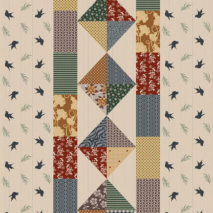 Soft breathable cotton bedsheet in Patchwork pattern with geometric shapes and bird illustrations on a beige background