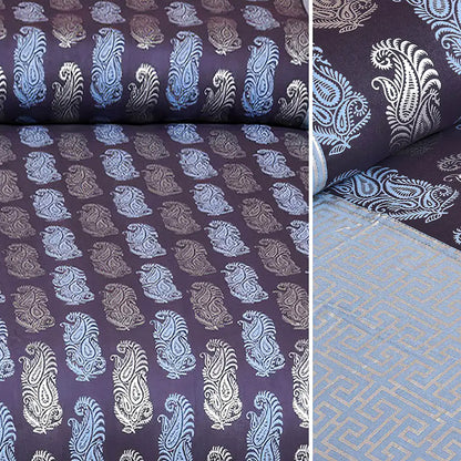 Collage of fabric patterns including paisley and geometric designs on a purple background.