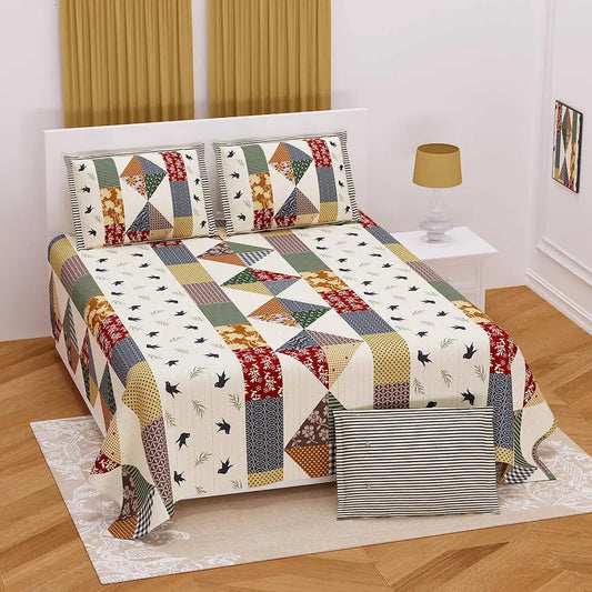 Shop Black Bird Cream Base Bedsheet | 100% Cotton, Queen Size, Soft