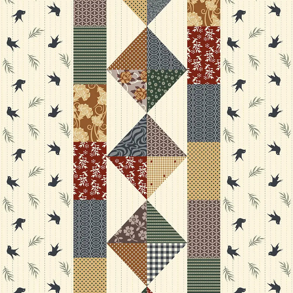 Patchwork quilt pattern with geometric shapes and bird illustrations on a beige background