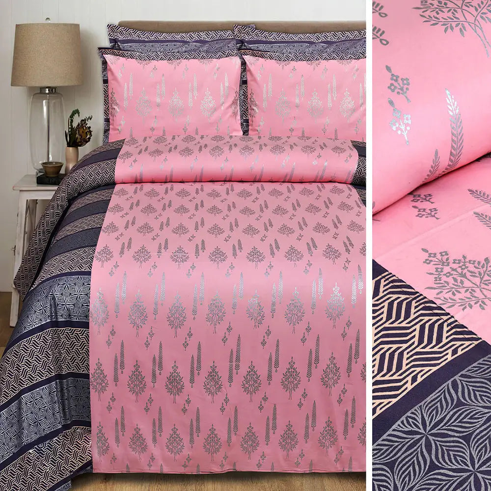 Pink and purple patterned bedding set with matching pillows on a bed, next to close-up details.