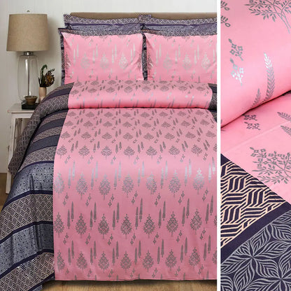 Pink and purple patterned bedding set with matching pillows on a bed, next to close-up details.