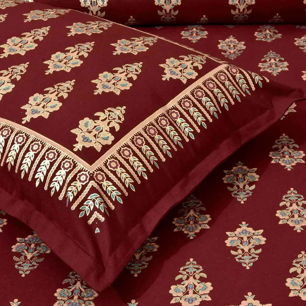 Bedding set design - Red fabric with intricate gold and green patterns