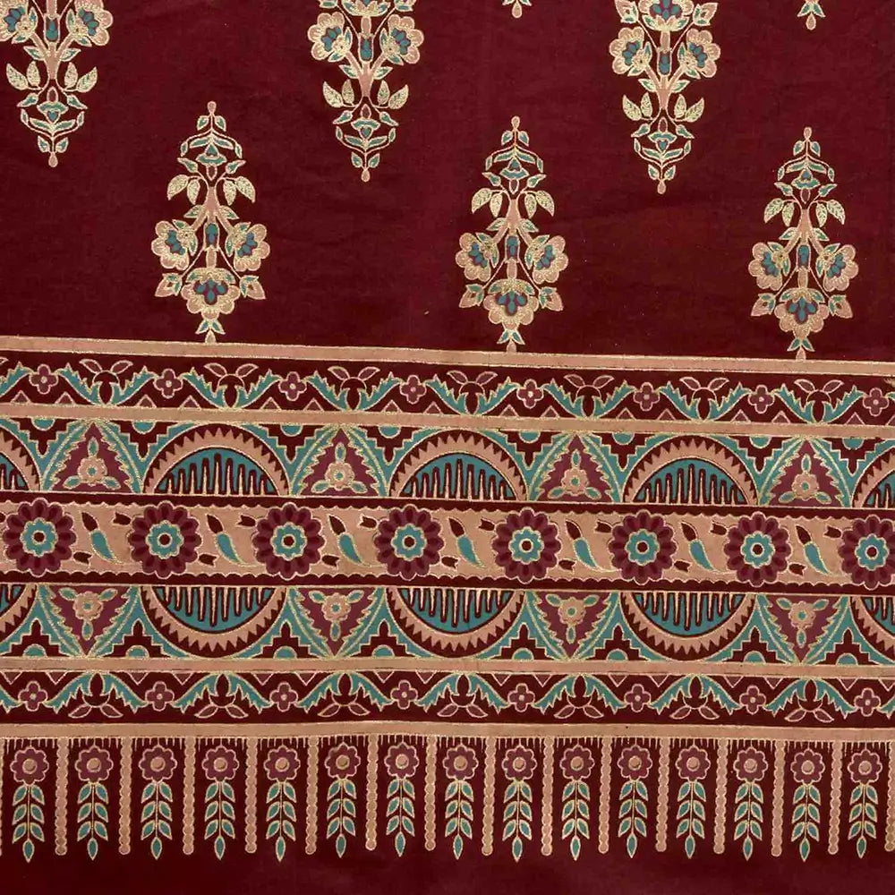 Bedsheet design - Decorative fabric with intricate patterns on a red background
