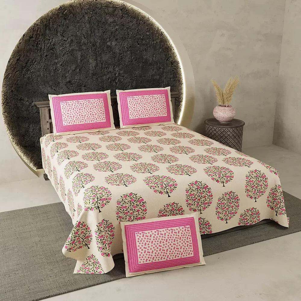 Pink Flower Bouquet Light Brown Base Doria Print Bedsheet in King Size