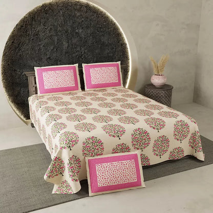 Pink Flower Bouquet Light Brown Base Doria Print Bedsheet in King Size
