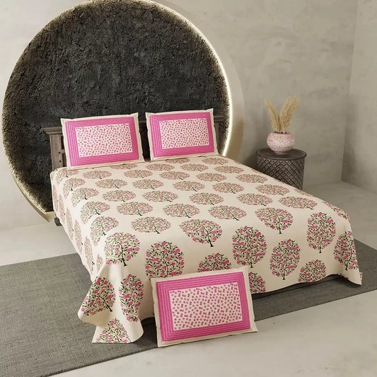 Pink Flower Bouquet Light Brown Base Doria Print Bedsheet in King Size