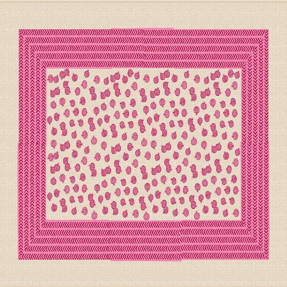 Bedsheet design with doria Pink and beige patterned rug with pink border