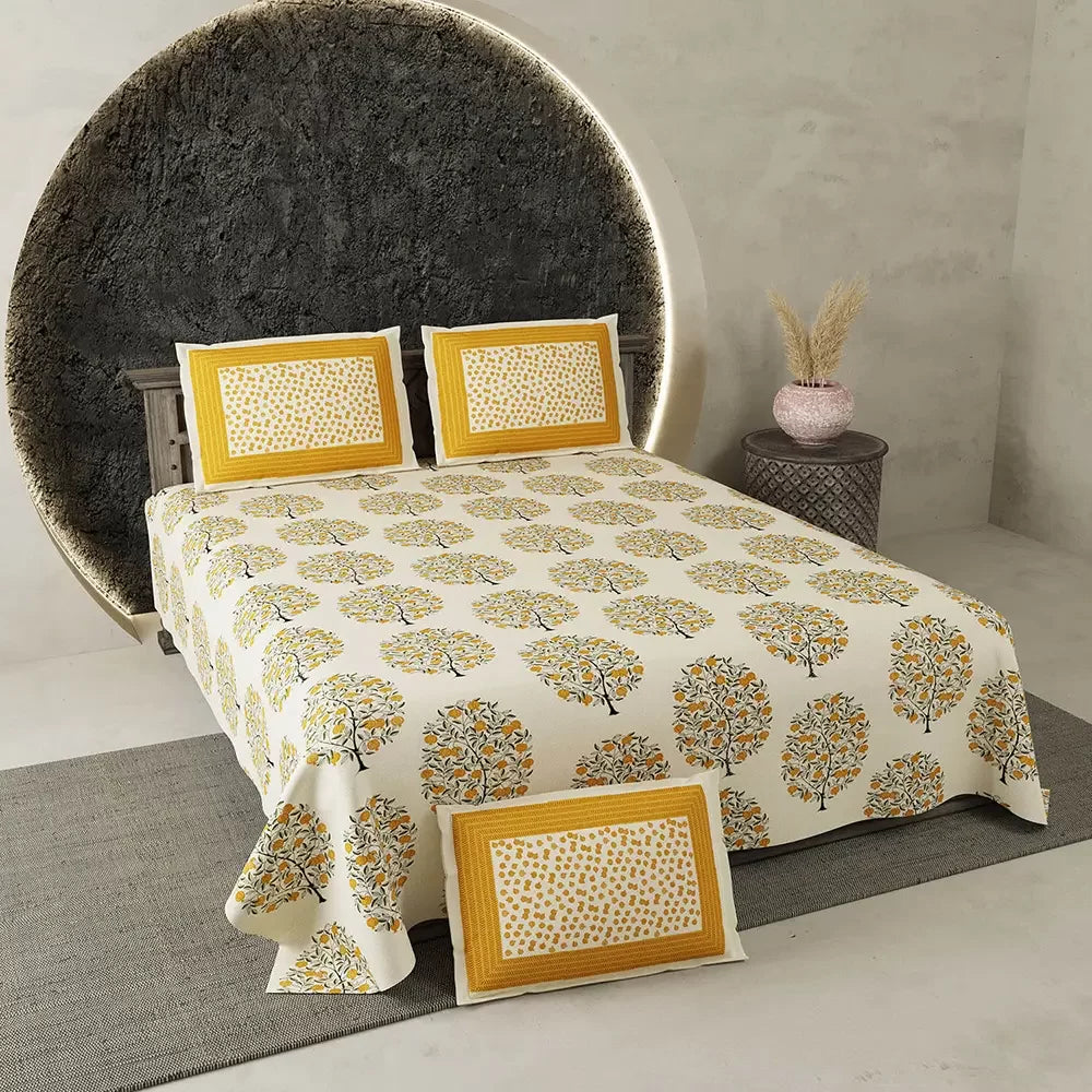 Bedding set with tree pattern on a bed in a room setting