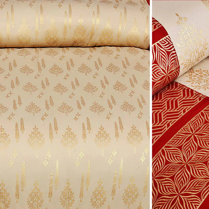 Bedsheet with Two fabric swatches with gold and red patterns on a neutral background