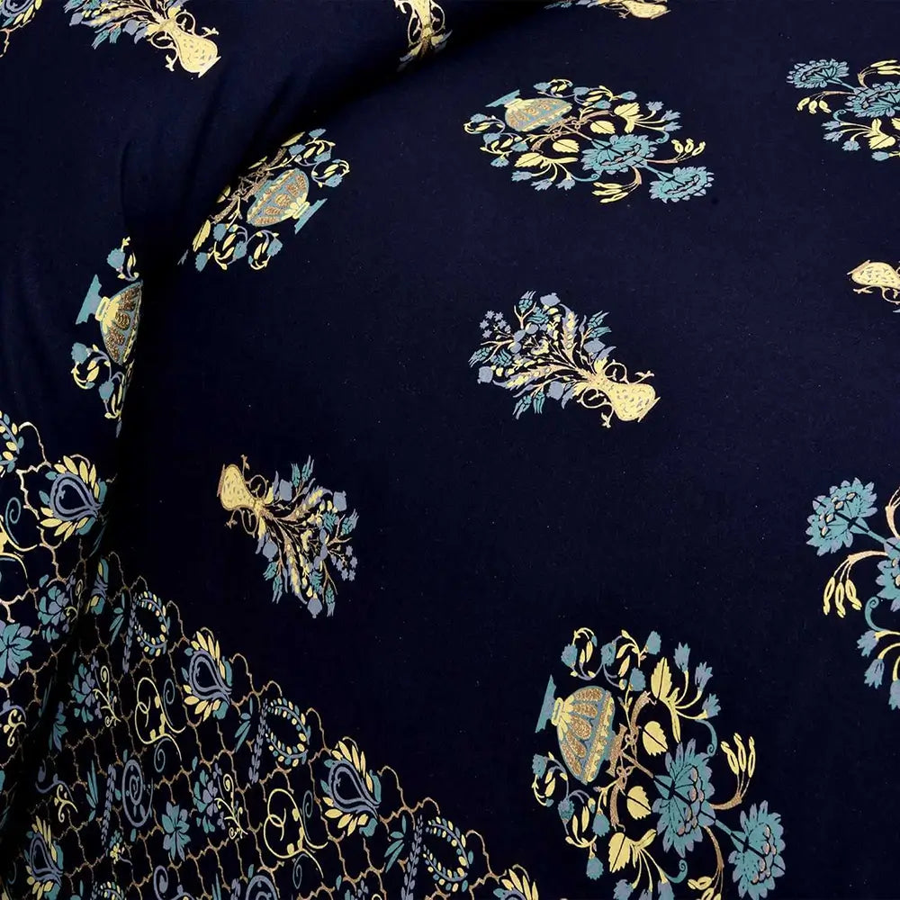 bedsheet with Navy blue fabric with gold and light blue floral patterns
