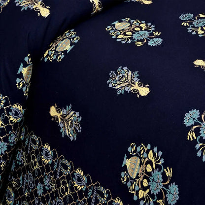 bedsheet with Navy blue fabric with gold and light blue floral patterns