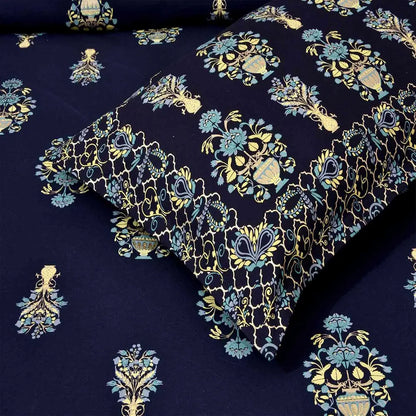 bedding design withNavy blue fabric with gold and teal floral patterns