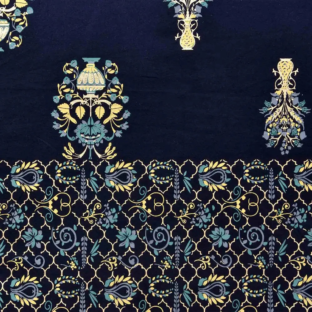 Decorative fabric pattern with gold and teal designs on a dark blue background bedsheet design