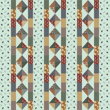 Black Bird Green Base Bird Collection Print Bedsheet Patterned fabric with geometric and floral designs on a light blue background.